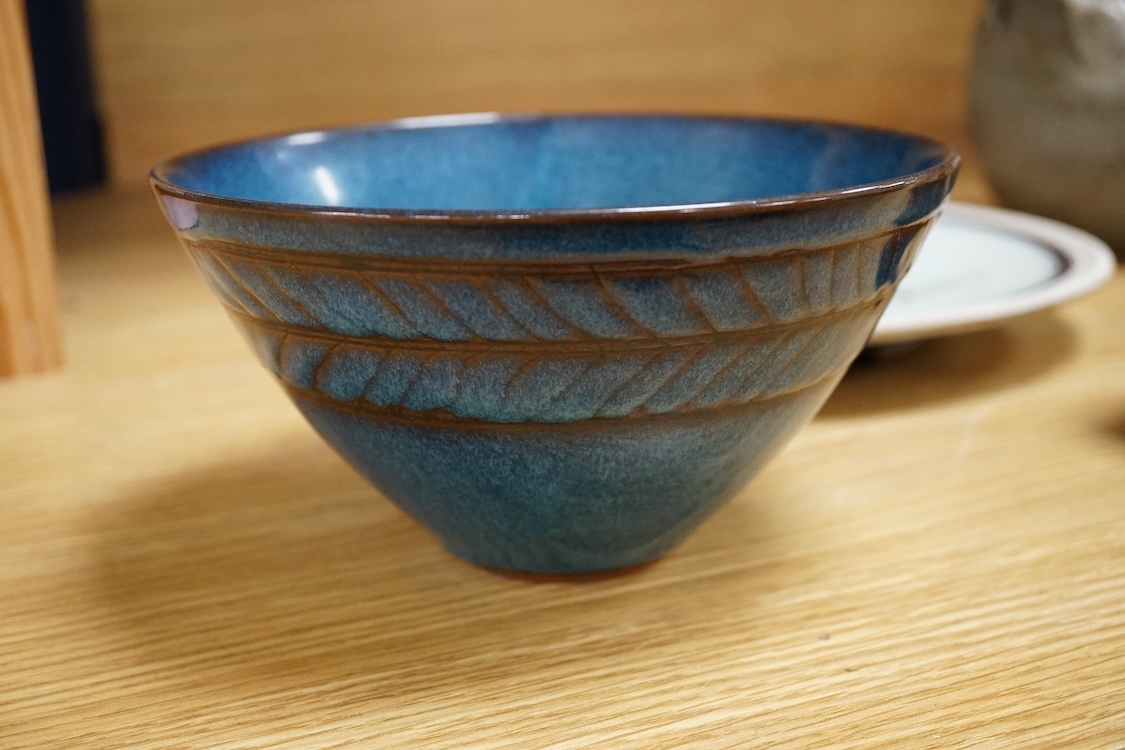 A group of five pieces of Studio pottery, some with impressed signatures to include a hexagonal jar and dishes, largest 25cm high